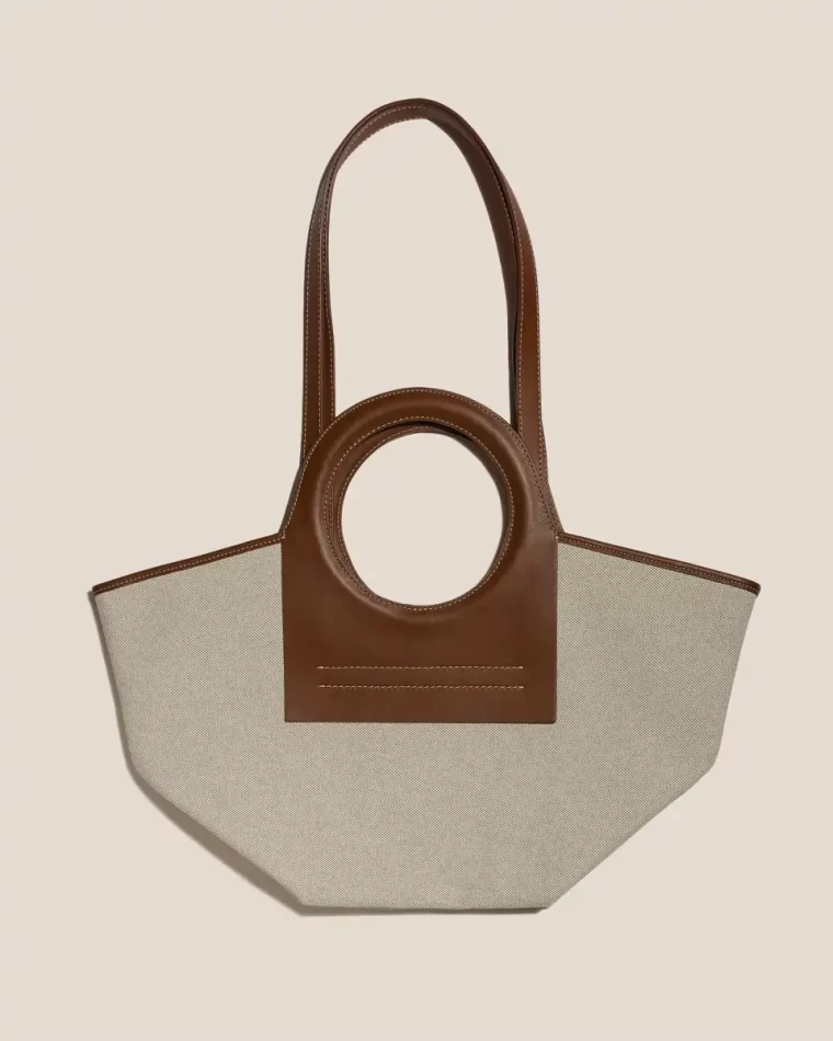 Beige/Chestnut Cala S - Leather-Trimmed Canvas Tote Bag Women Hereu Tote Bags - Image 3