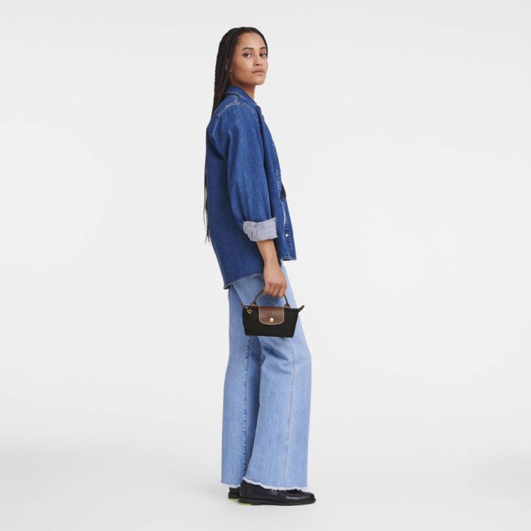 Black Women Longchamp Le Pliage Original Pouch With Handle Black - Recycled Canvas Pouches & Cases