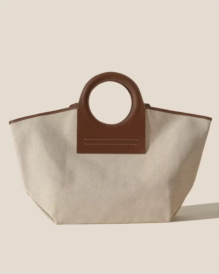 Cala L - Leather-Trimmed Canvas Tote Bag Beige/Chestnut Tote Bags Hereu Women