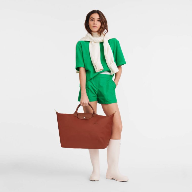 Chestnut Longchamp Le Pliage Green L Travel Bag Chestnut - Recycled Canvas Women Travel Bags