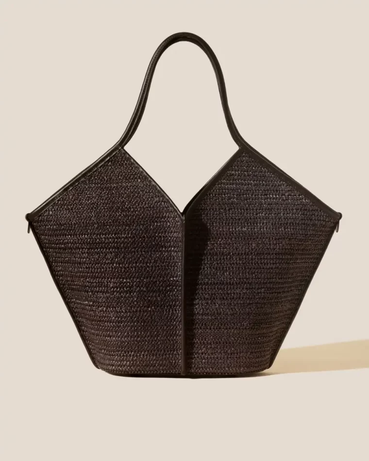 Dark Brown Shoulder Bags Calella Raffia - Leather-Trimmed Tote Bag Women Hereu