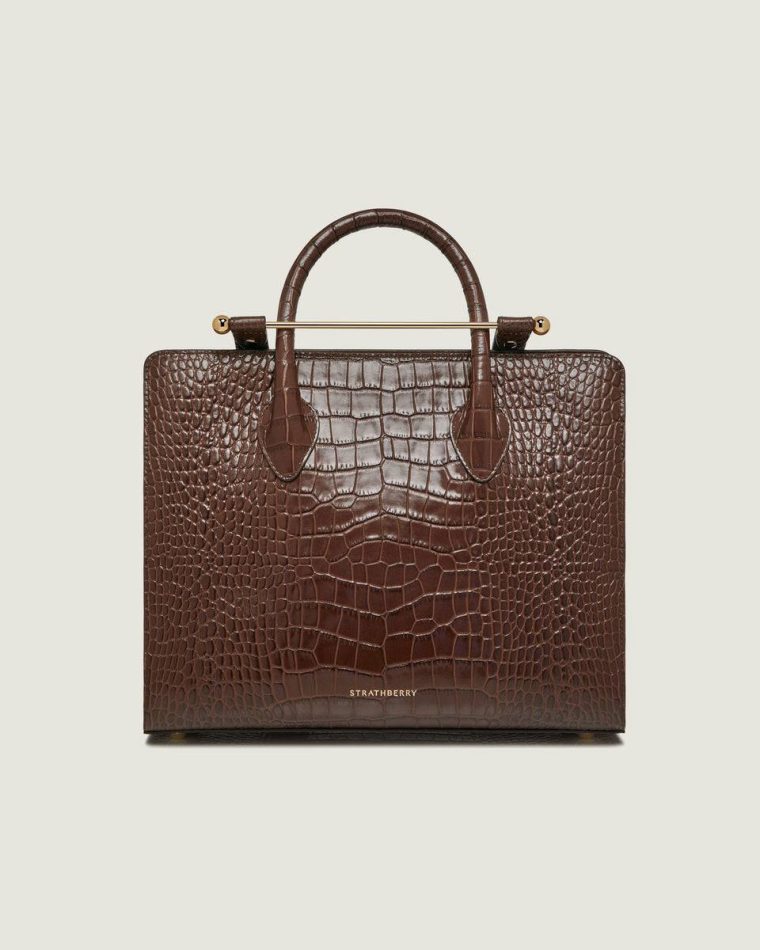 Embossed Edit Bags Midi Tote Croc-Embossed Leather Chocolate Strathberry Women - Image 3