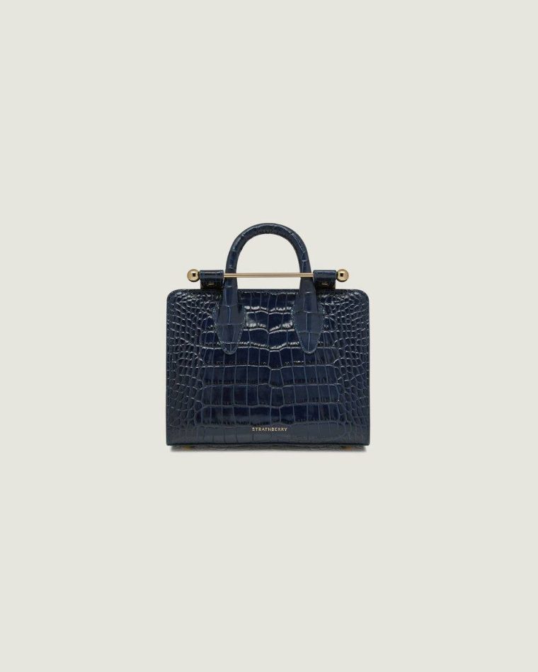 Embossed Edit Bags Strathberry Croc-Embossed Leather Navy Nano Tote Women - Image 3