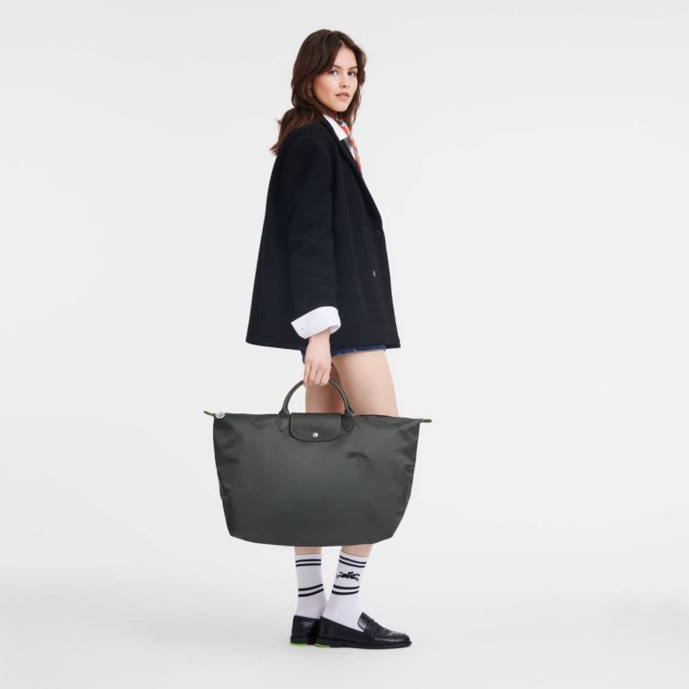 Graphite Le Pliage Green L Travel Bag Graphite - Recycled Canvas Women Travel Bags Longchamp