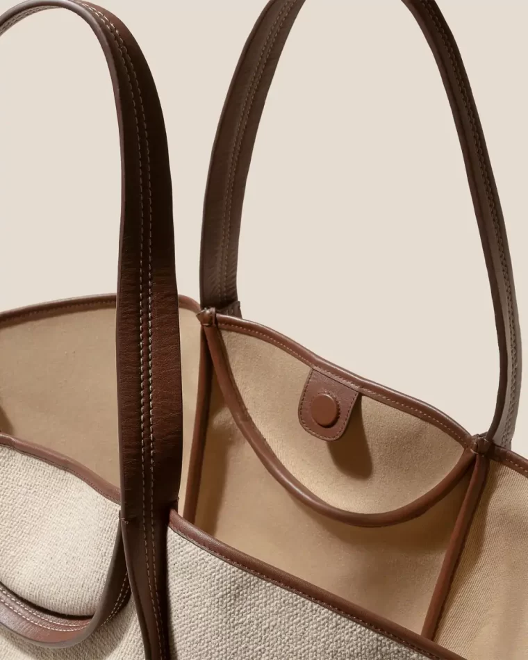 Hereu Beige Chestnut Tote Bags Women Cuber - Leather-Trimmed Canvas Basket - Image 3