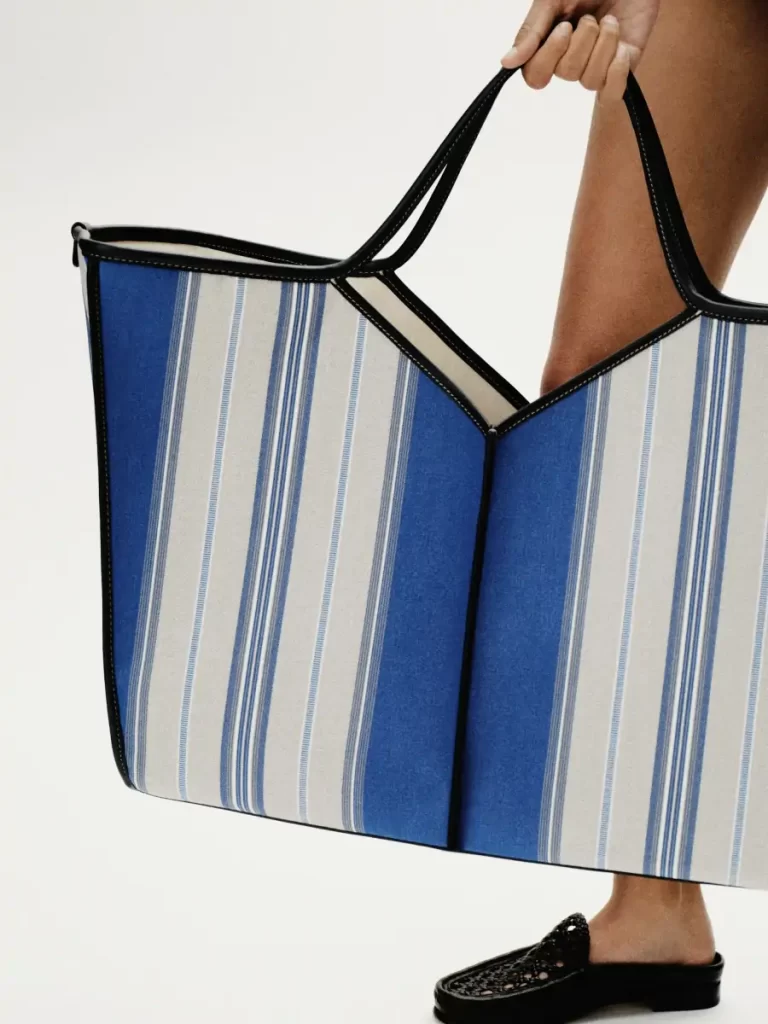 Hereu Navy Women Calella Squared Stripes - Leather-Trimmed Tote Bag Shoulder Bags
