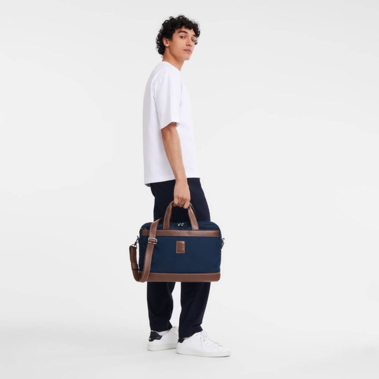 Longchamp Boxford L Briefcase Blue - Recycled Canvas Briefcase Men Blue