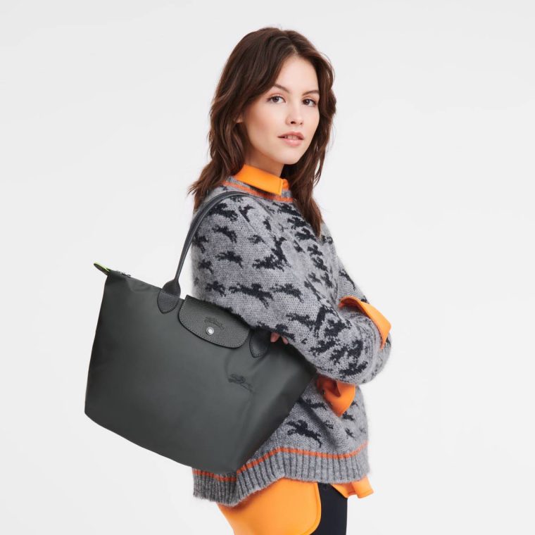 Longchamp Women Le Pliage Green M Tote Bag Graphite - Recycled Canvas Graphite Shoulder Bags