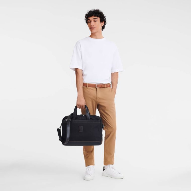 Men Longchamp Black Briefcase Boxford L Briefcase Black - Recycled Canvas