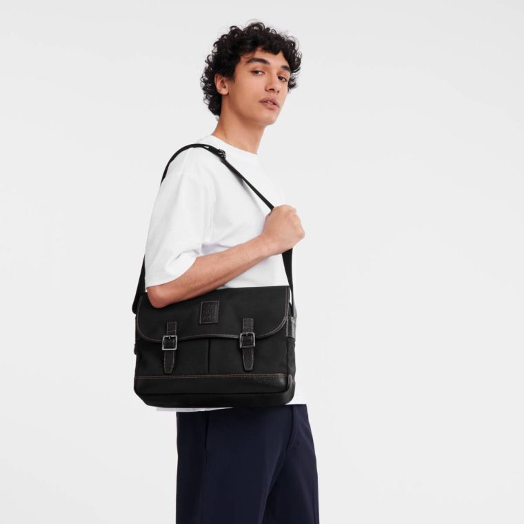 Men Longchamp Boxford L Crossbody Bag Black - Recycled Canvas Crossbody Bags Black