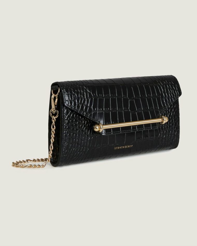 Multrees Chain Wallet Women Croc-Embossed Leather Black Strathberry Embossed Edit Bags - Image 2