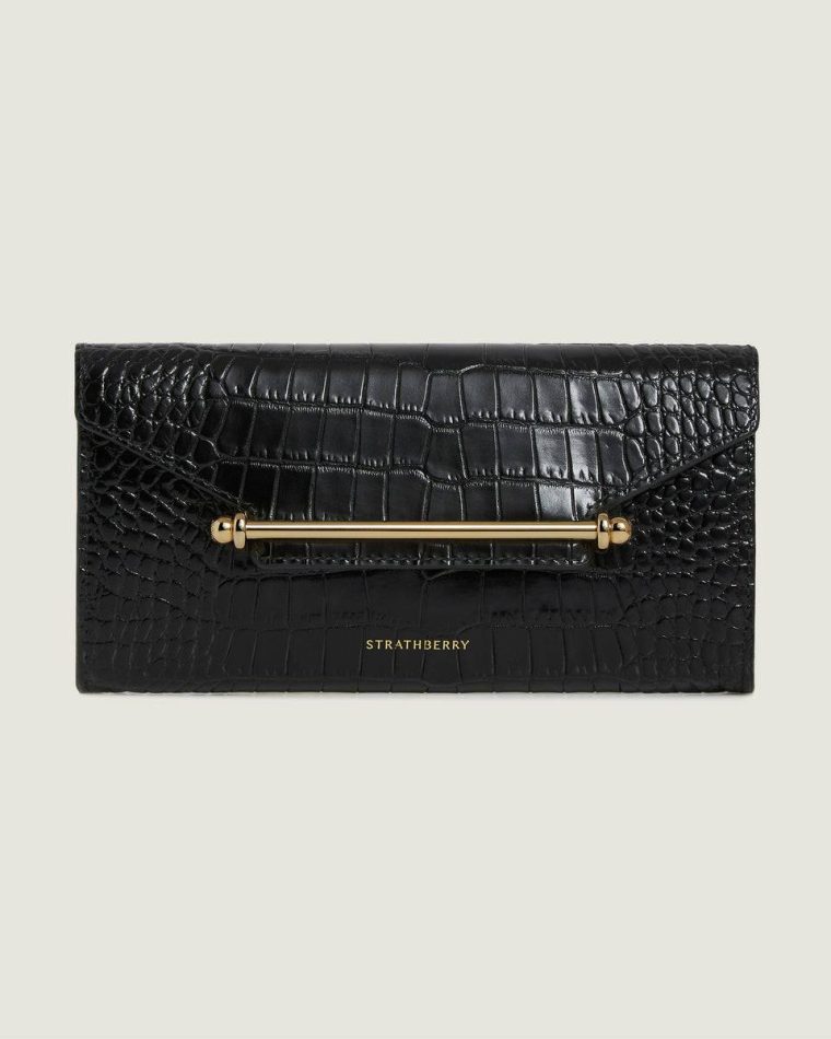Multrees Chain Wallet Women Croc-Embossed Leather Black Strathberry Embossed Edit Bags - Image 3