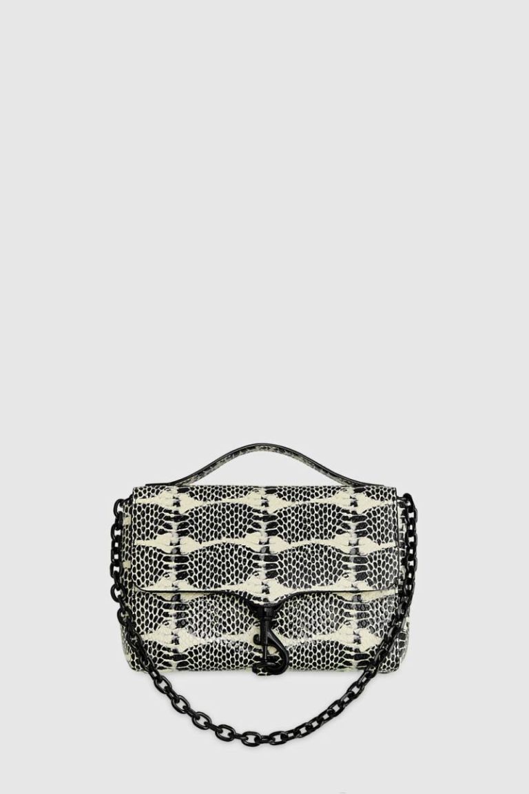 Rebecca Minkoff Women Megan Top Handle With Chain Black-White-Snake Crossbody Bag