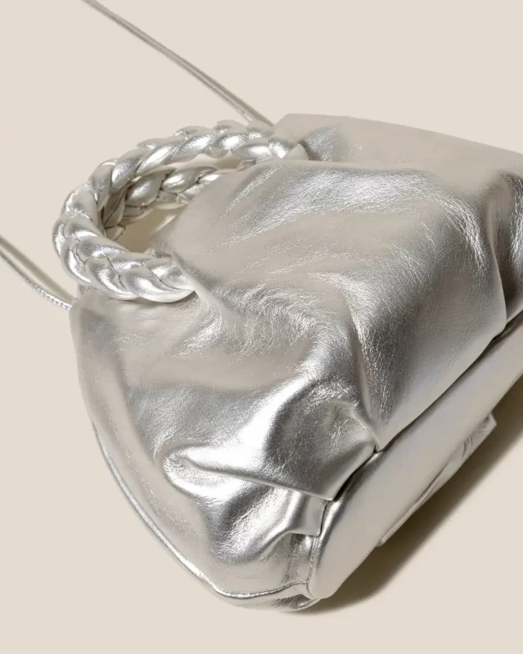Silver Women Bombon Metallic - Small Plaited-Handle Leather Crossbody Bag Crossbody Bags Hereu - Image 4