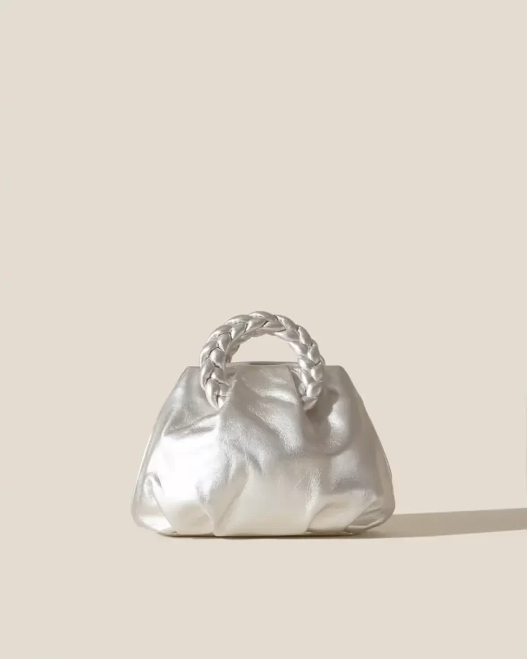 Silver Women Bombon Metallic - Small Plaited-Handle Leather Crossbody Bag Crossbody Bags Hereu