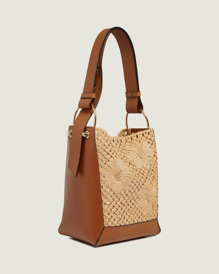 Strathberry Women Shoulder Bags Lana Midi Bucket Bag Floral Paper Raffia/Tan - Image 2