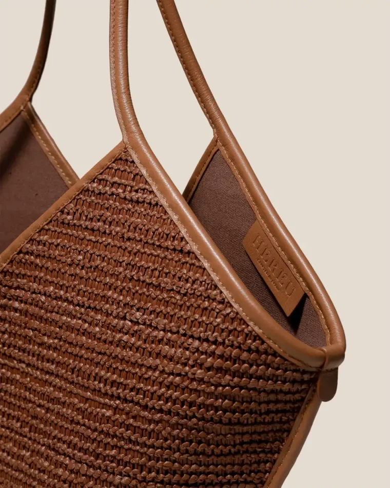 Tan Women Hereu Shoulder Bags Calella Raffia - Leather-Trimmed Tote Bag - Image 3