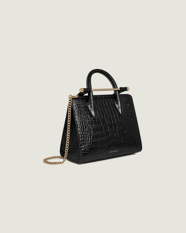 Women Croc-Embossed Leather Black Strathberry Mini Tote Embossed Edit Bags - Image 2