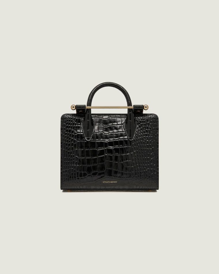 Women Croc-Embossed Leather Black Strathberry Mini Tote Embossed Edit Bags - Image 3