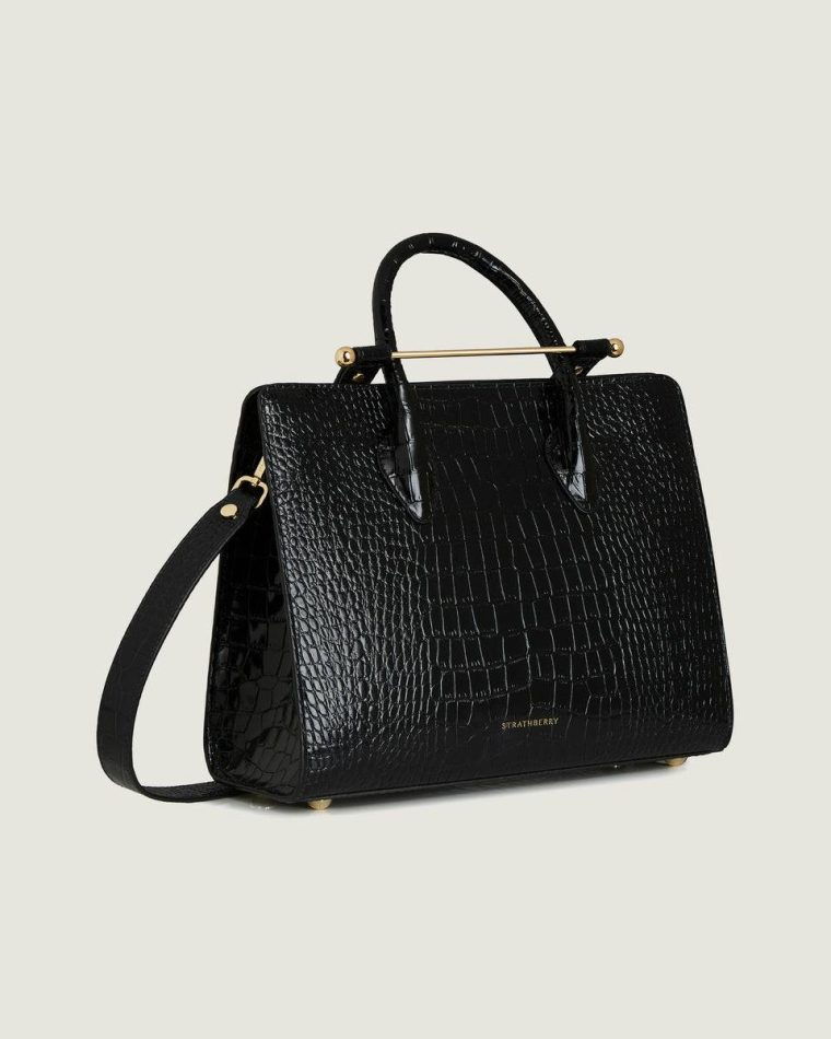 Women Croc-Embossed Leather Black Strathberry Shoulder Bags Midi Tote - Image 2