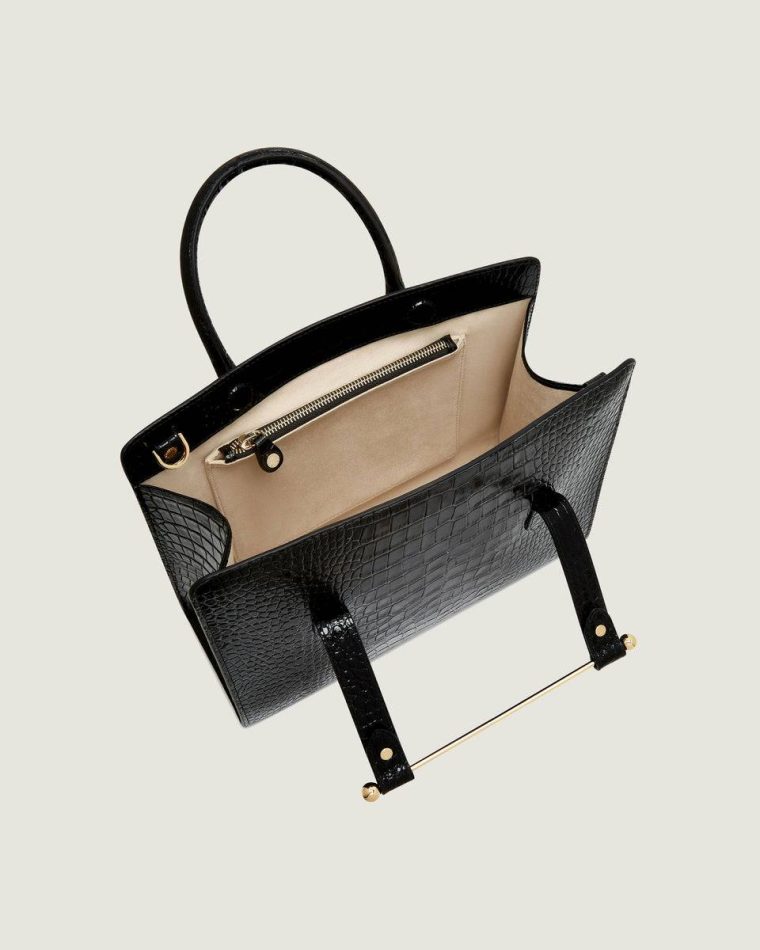 Women Croc-Embossed Leather Black Strathberry Shoulder Bags Midi Tote - Image 5