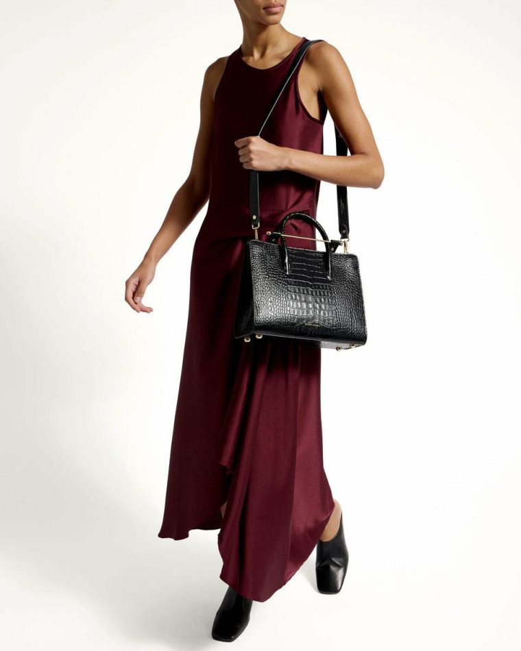 Women Croc-Embossed Leather Black Strathberry Shoulder Bags Midi Tote
