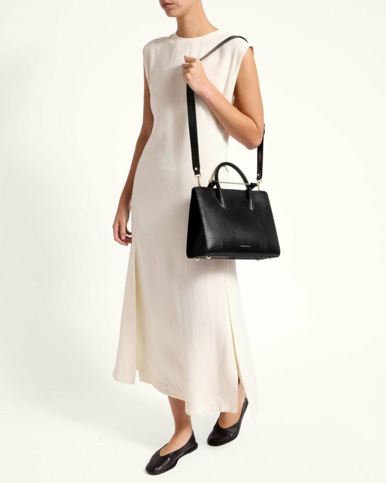 Women Embossed Edit Bags Strathberry Midi Tote Lizard-Embossed Leather Black