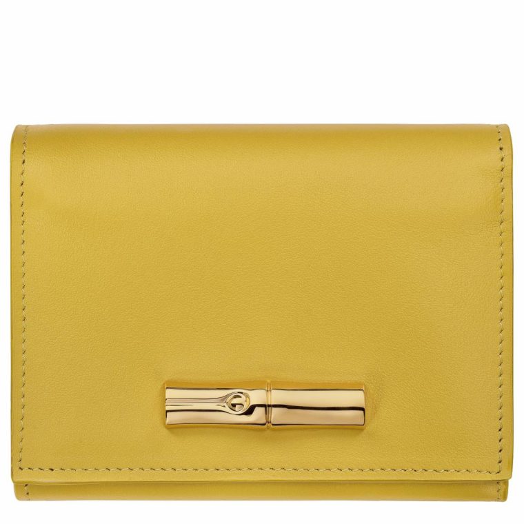 Women Longchamp Leather Wallets Le Roseau Compact Wallet Ginger - Leather Ginger