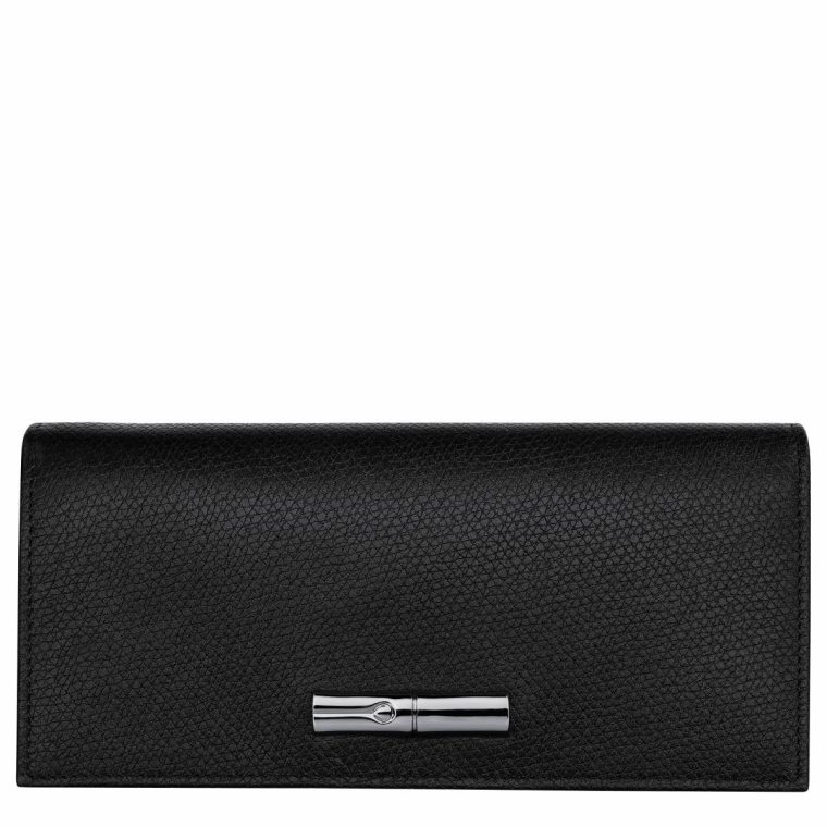 Women Longchamp Leather Wallets Le Roseau Flap Wallet Black - Leather Black