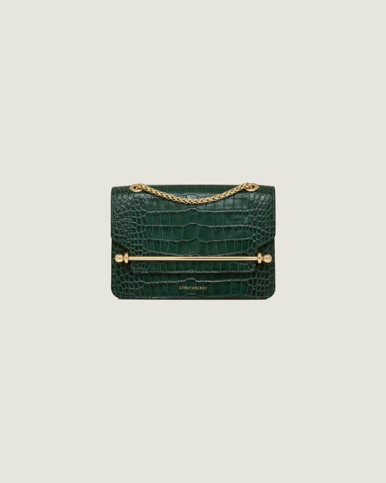 Women Strathberry Croc-Embossed Leather Bottle Green East/West Mini Shoulder Bags - Image 3