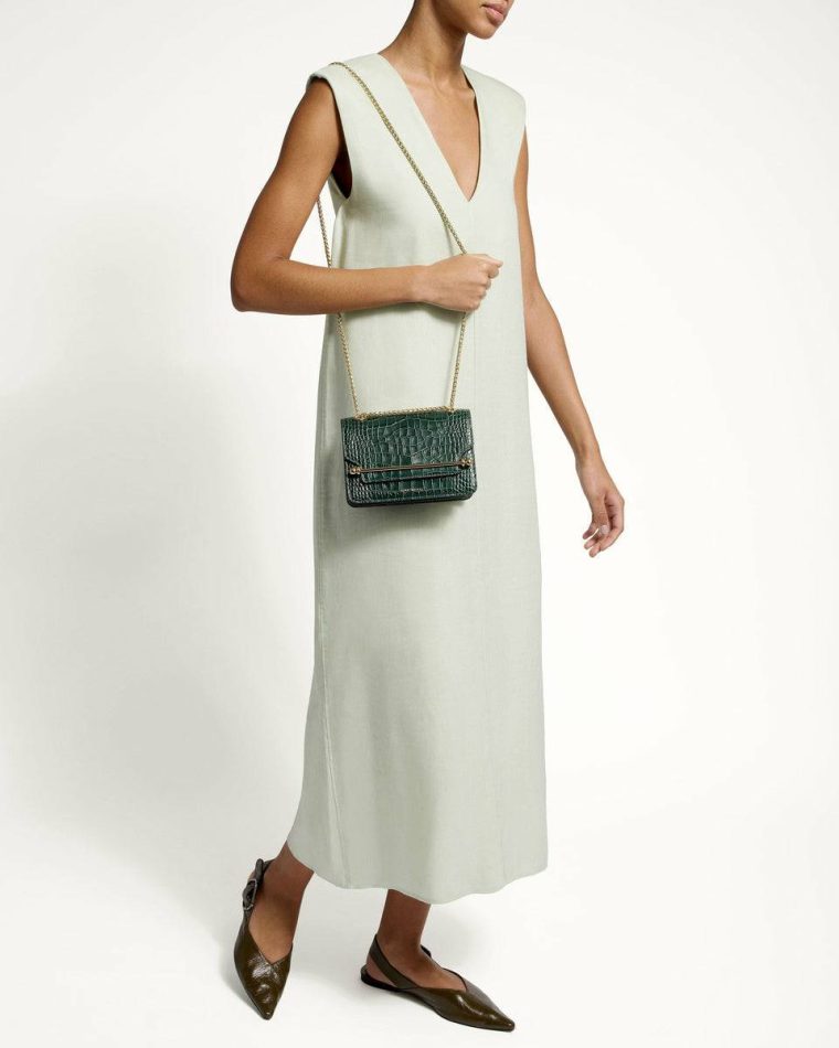 Women Strathberry Croc-Embossed Leather Bottle Green East/West Mini Shoulder Bags