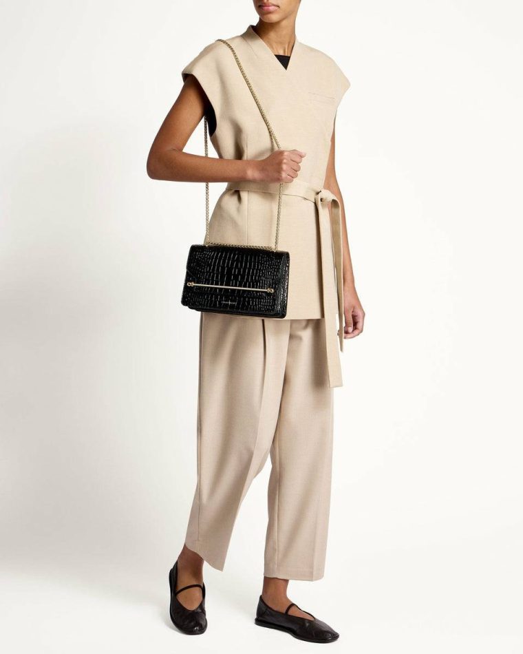 Women Strathberry East/West Croc-Embossed Leather Black Embossed Edit Bags