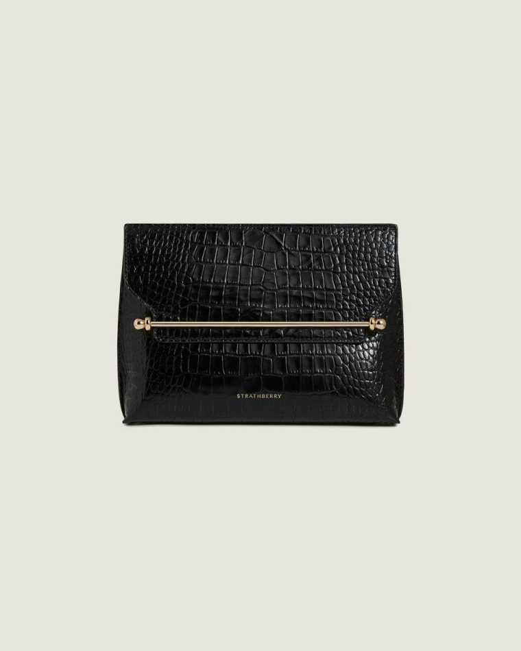 Women Stylist Croc-Embossed Leather Black Strathberry Evening Bags - Image 3