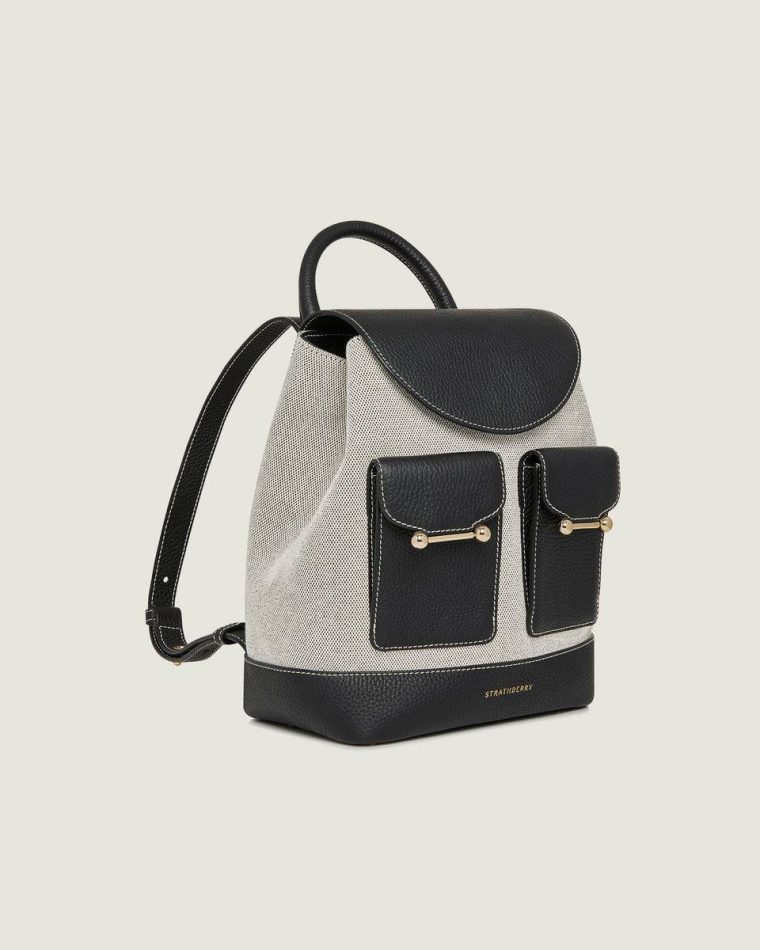 Women Travel Bags Strathberry Osette Backpack Black/Cream Canvas - Image 2