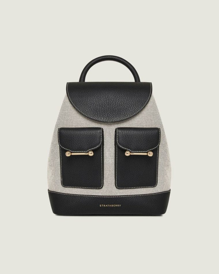 Women Travel Bags Strathberry Osette Backpack Black/Cream Canvas - Image 3