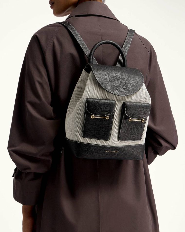 Women Travel Bags Strathberry Osette Backpack Black/Cream Canvas